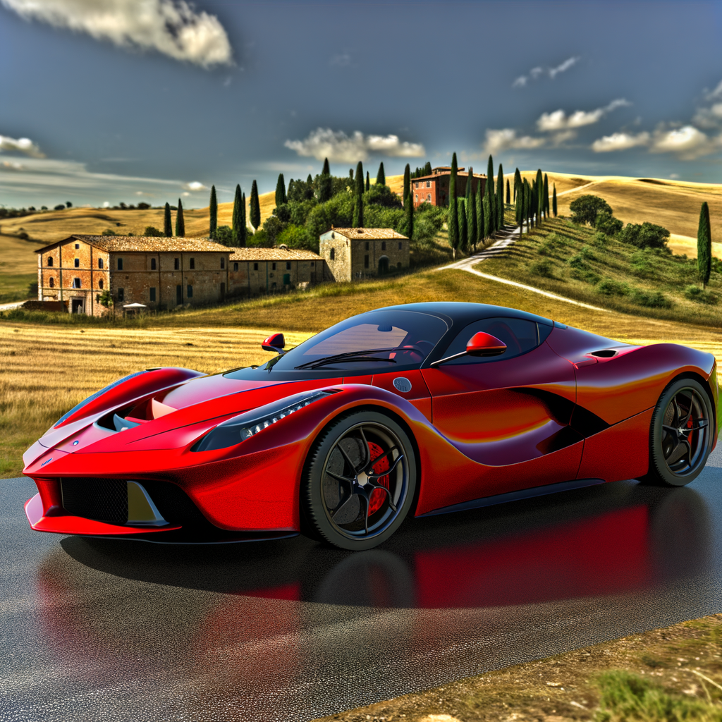 Ferrari supercar in picturesque Italian landscape.
