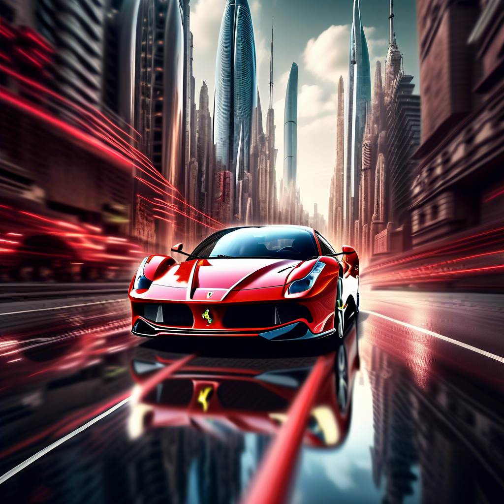 Ferrari supercar speeds through futuristic cityscapes.