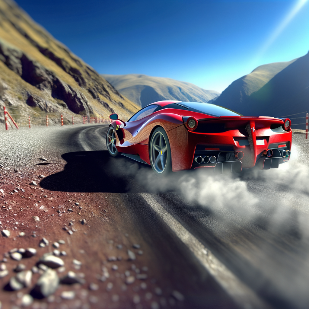 Ferrari supercar zooming on mountain road.