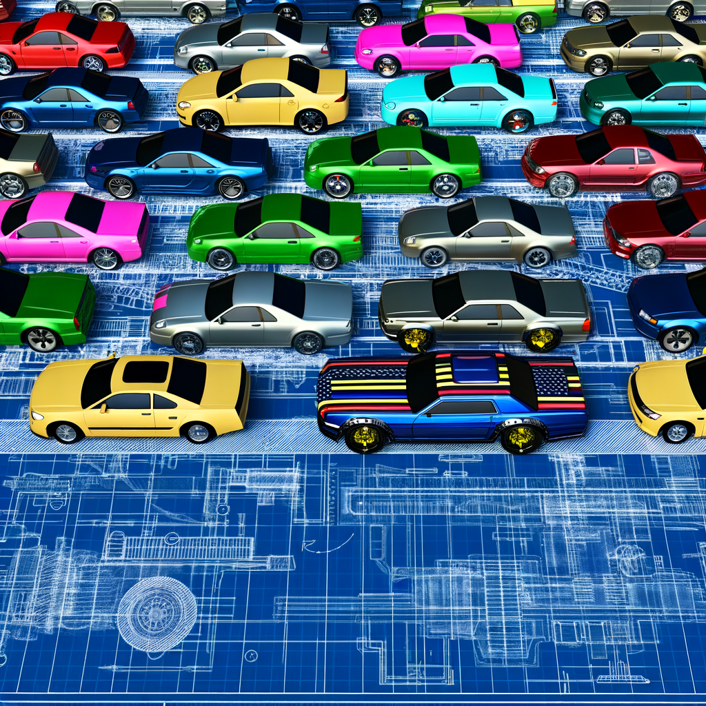 Foreign and domestic cars merge on blueprint.