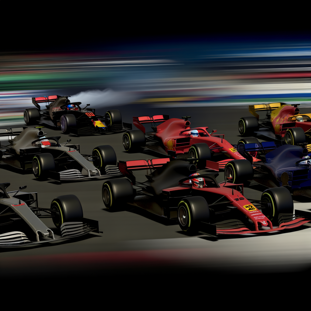 Formula 1 cars blitz; drivers fiercely compete.