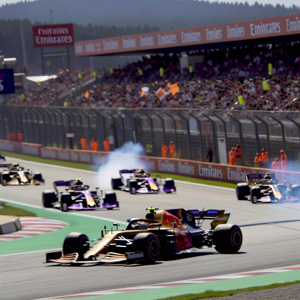 Formula 1 cars blitzing on race track.