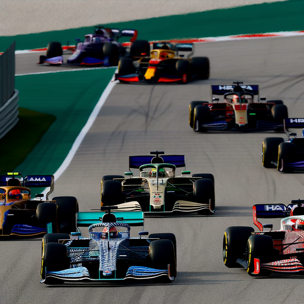 Formula 1 cars race on challenging circuit.