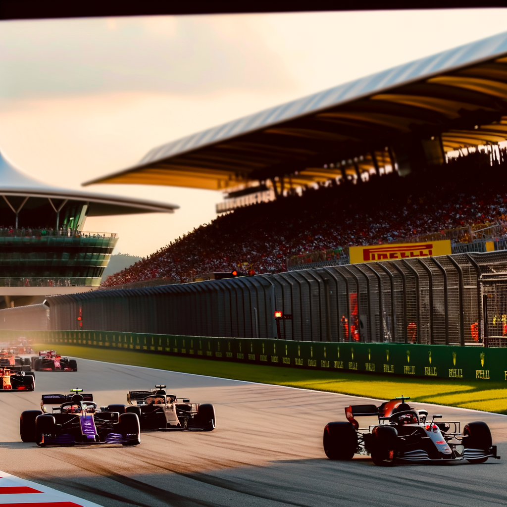 Formula 1 cars race on iconic track.