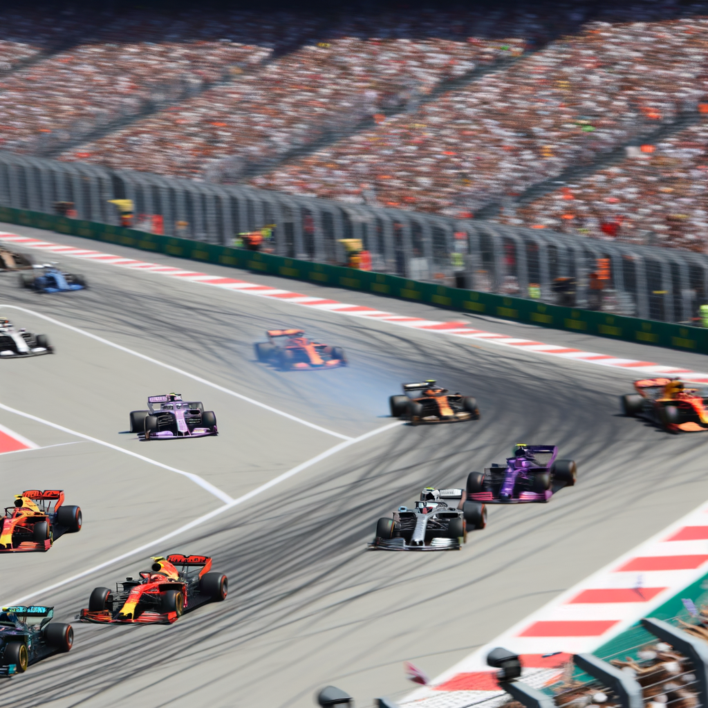 Formula 1 cars race on iconic track.