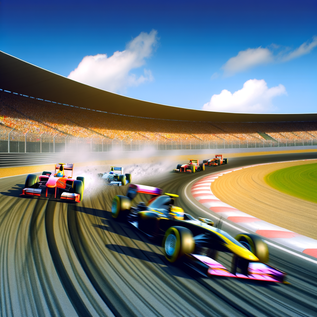 Formula 1 cars racing on track.