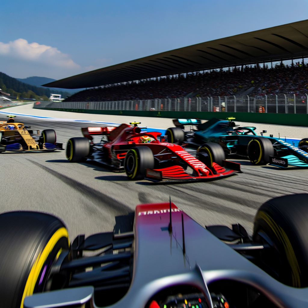 Formula 1 cars speed on iconic track.