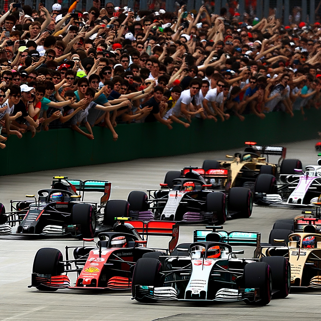 Formula 1 race cars zoom, crowd roars.