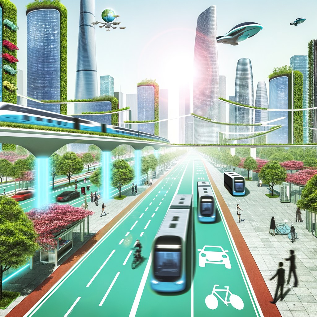 Future cityscape with diverse mobility solutions.