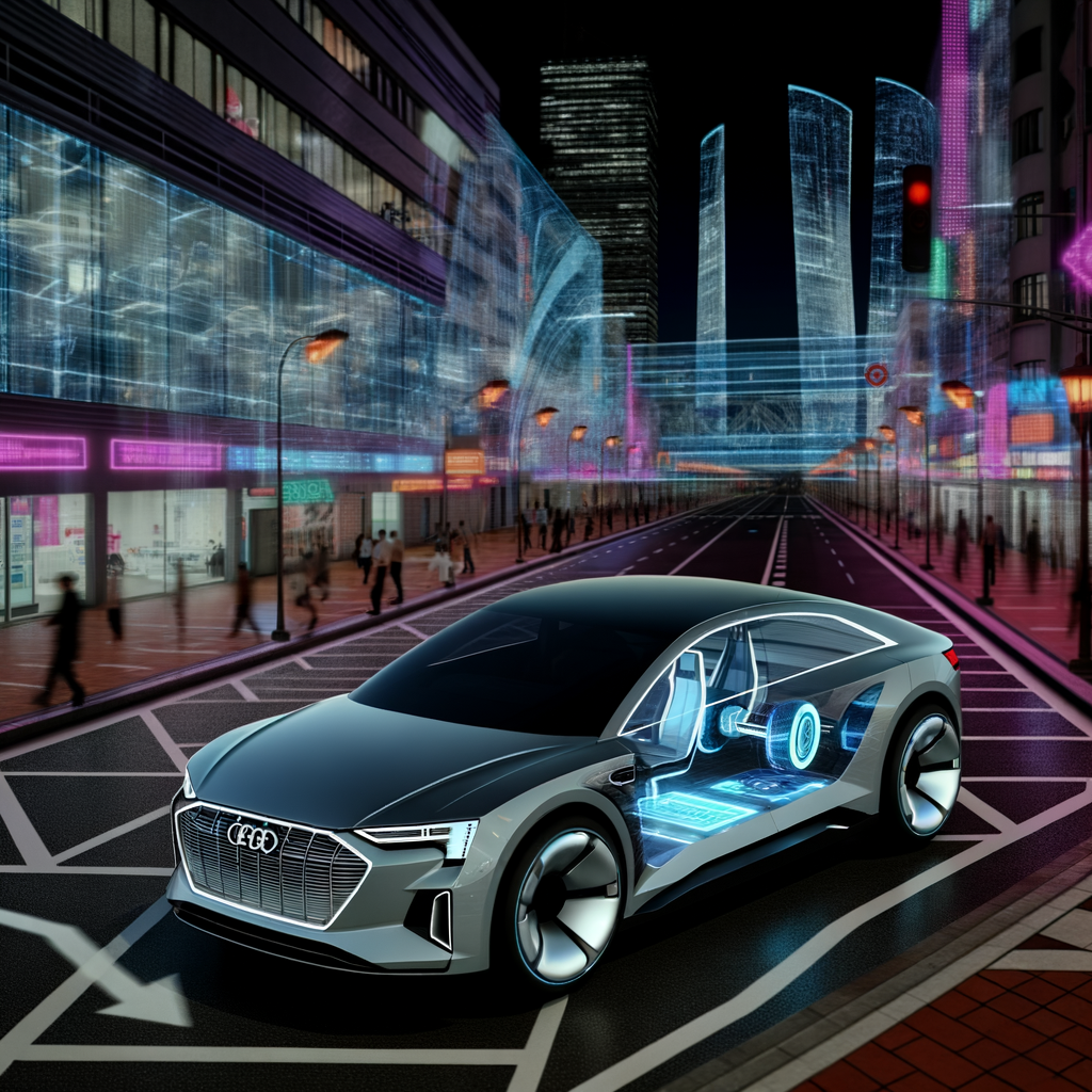 Futuristic Audi e-tron on urban street.