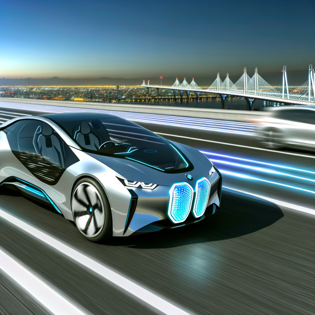 Futuristic BMW electric car on highway.