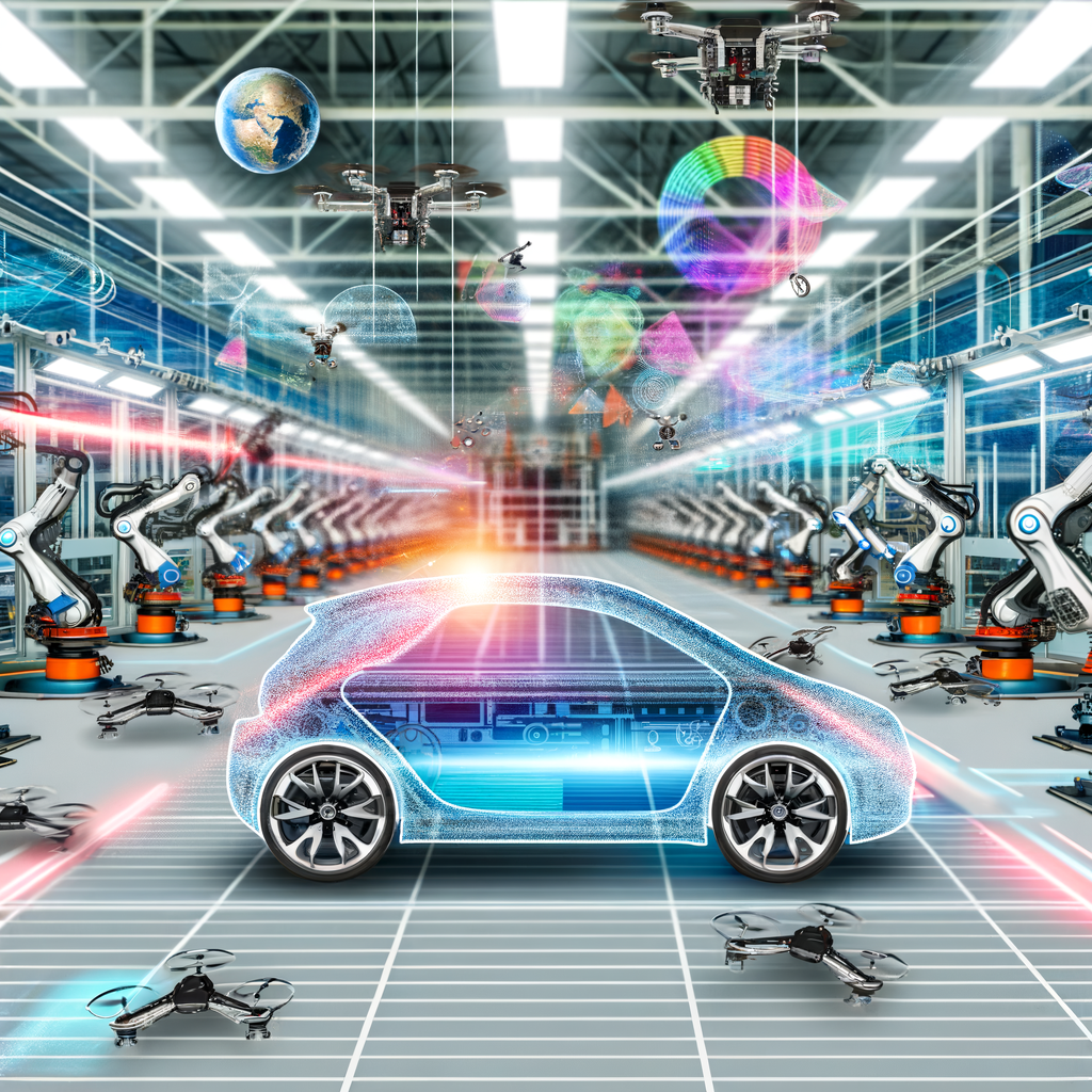 Futuristic car assembly line, global innovation.