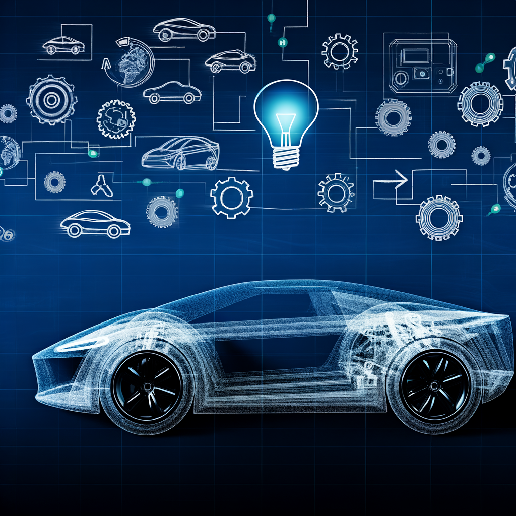 Futuristic car blueprint, innovation icons overlay.