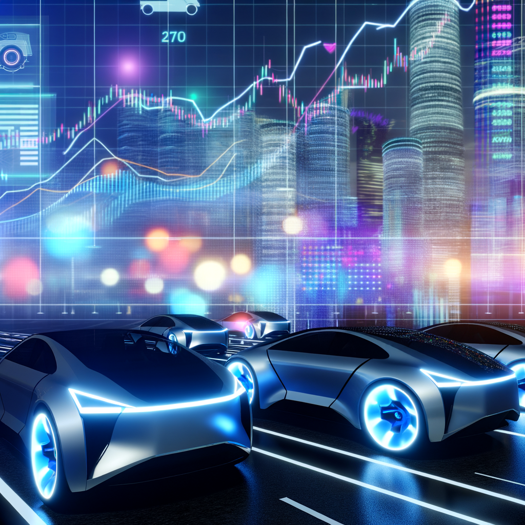 Futuristic cars amidst technology and market graphs.