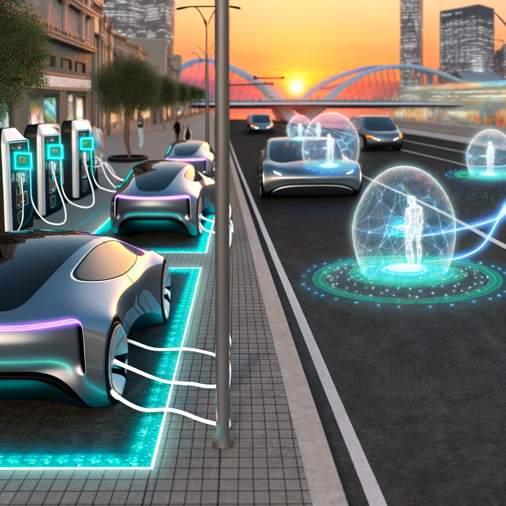 Futuristic cars charging, autonomous driving, connected.