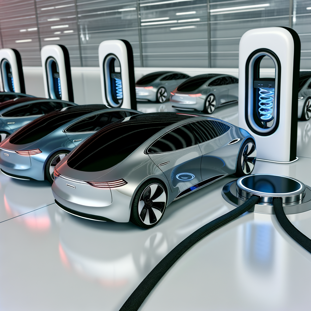 Futuristic cars charging, connecting, driving autonomously.