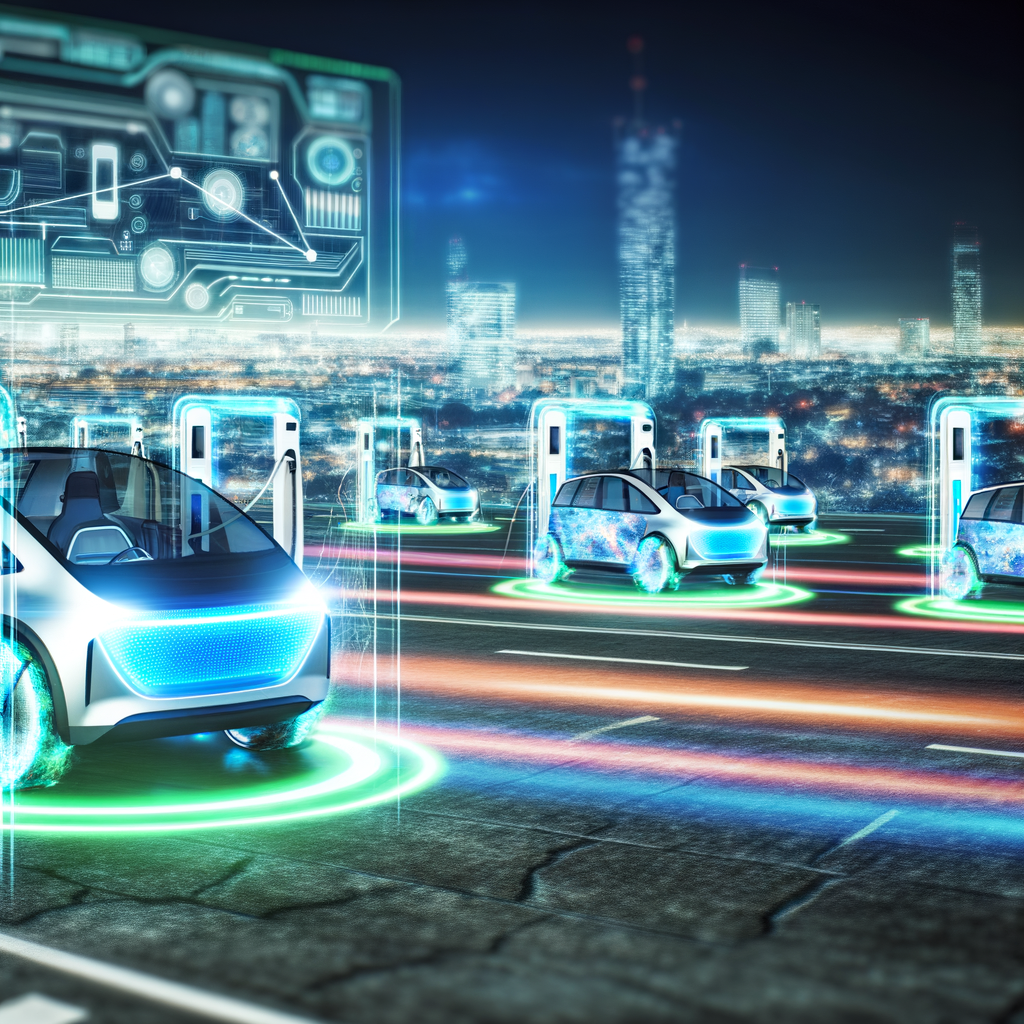 Futuristic cars charging, networking, driving autonomously.