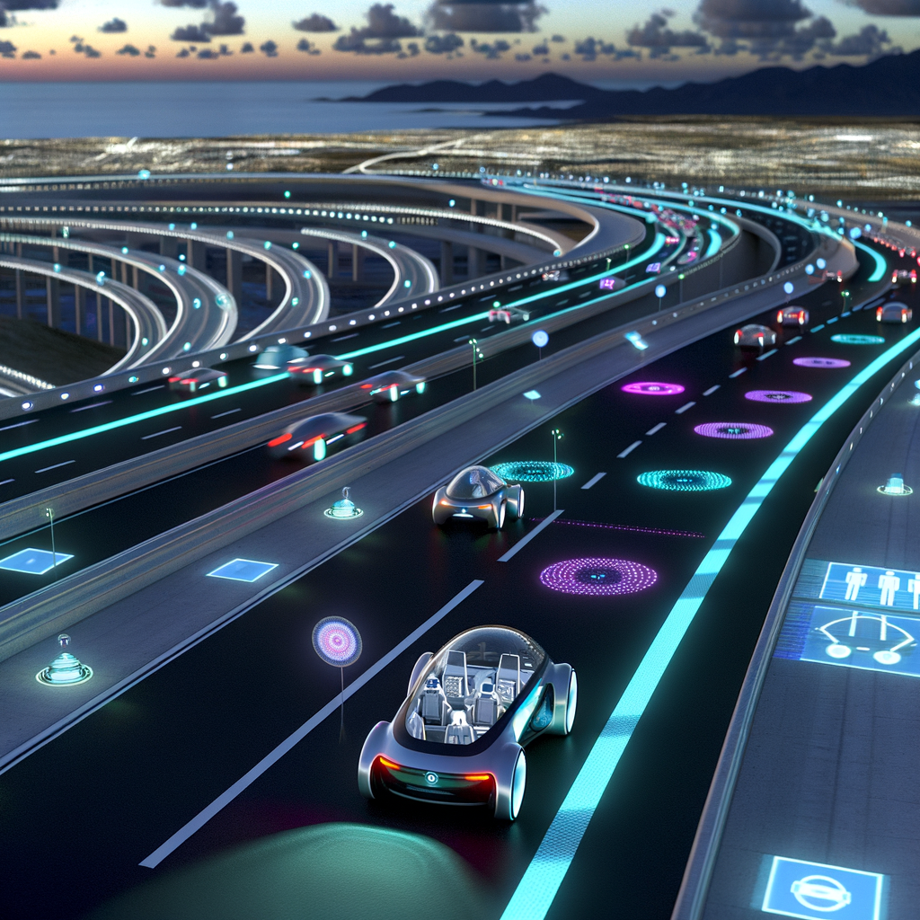 Futuristic cars driving on a smart highway.