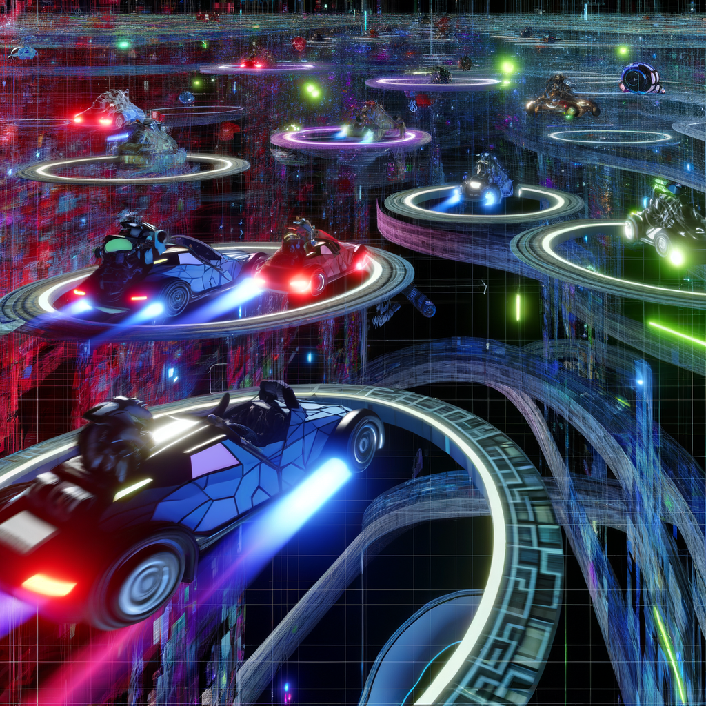 Futuristic cars navigating digital transformation maze.