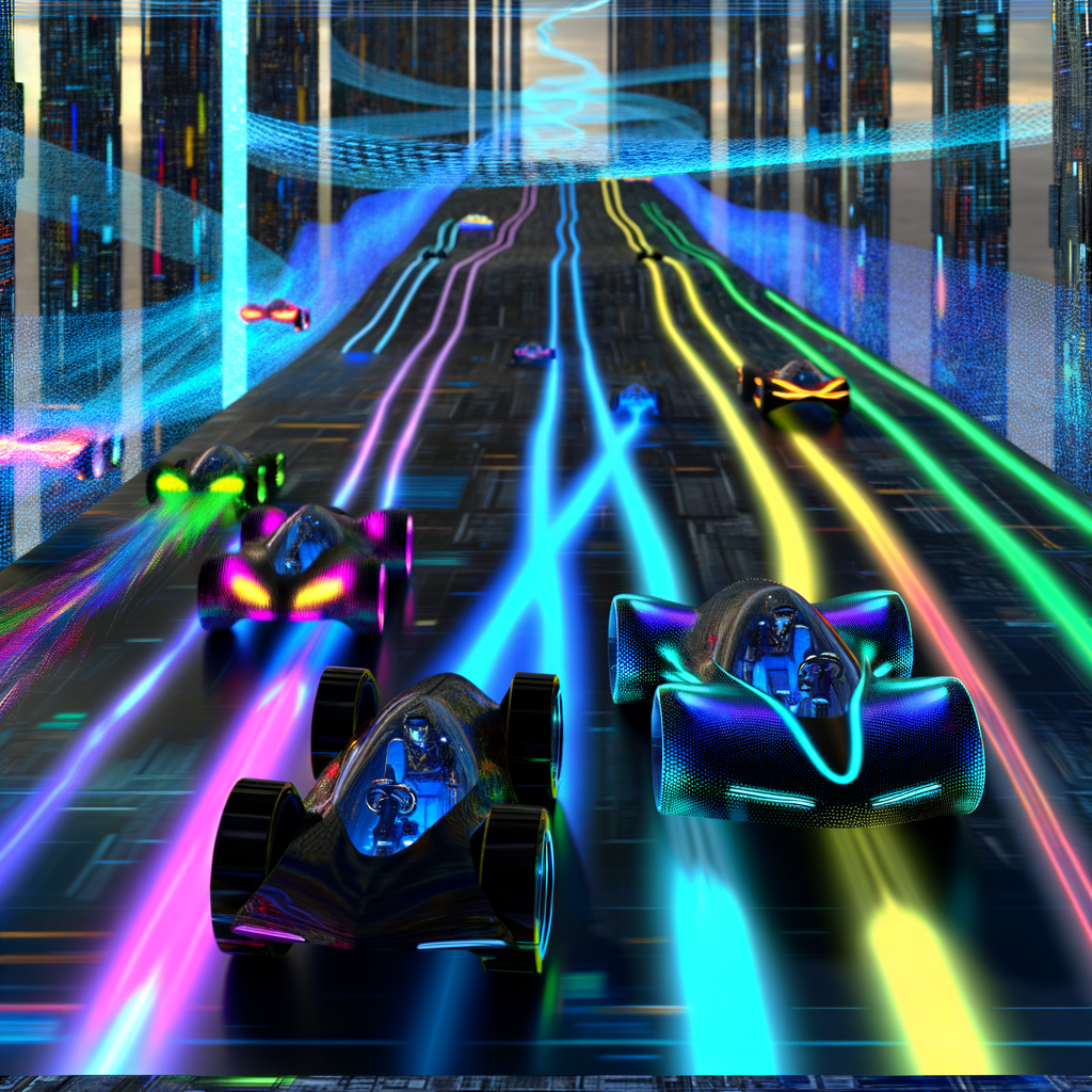 Futuristic cars racing on a digital track.