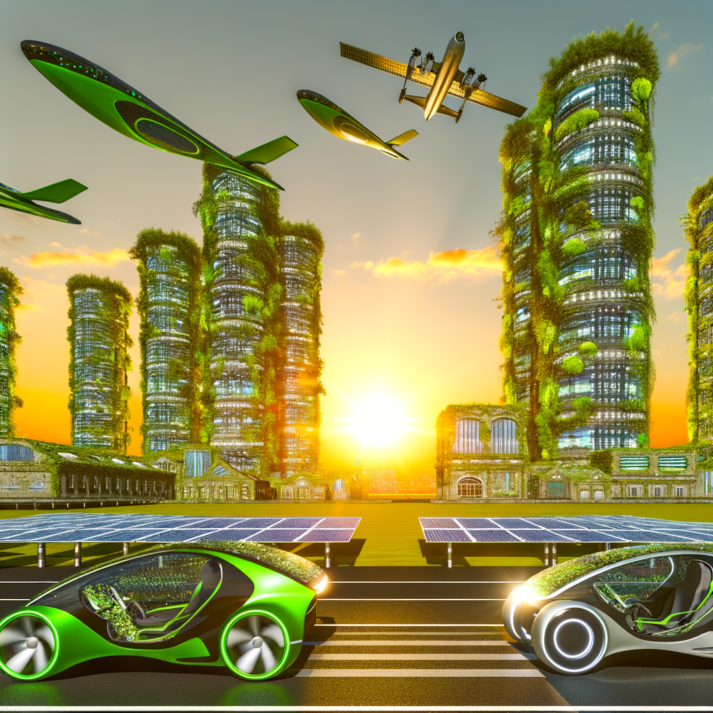 Futuristic cars shaping a sustainable skyline.