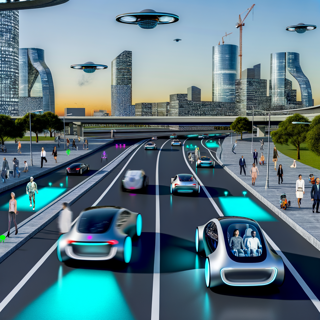 Futuristic cars shaping sustainable, smart roads.