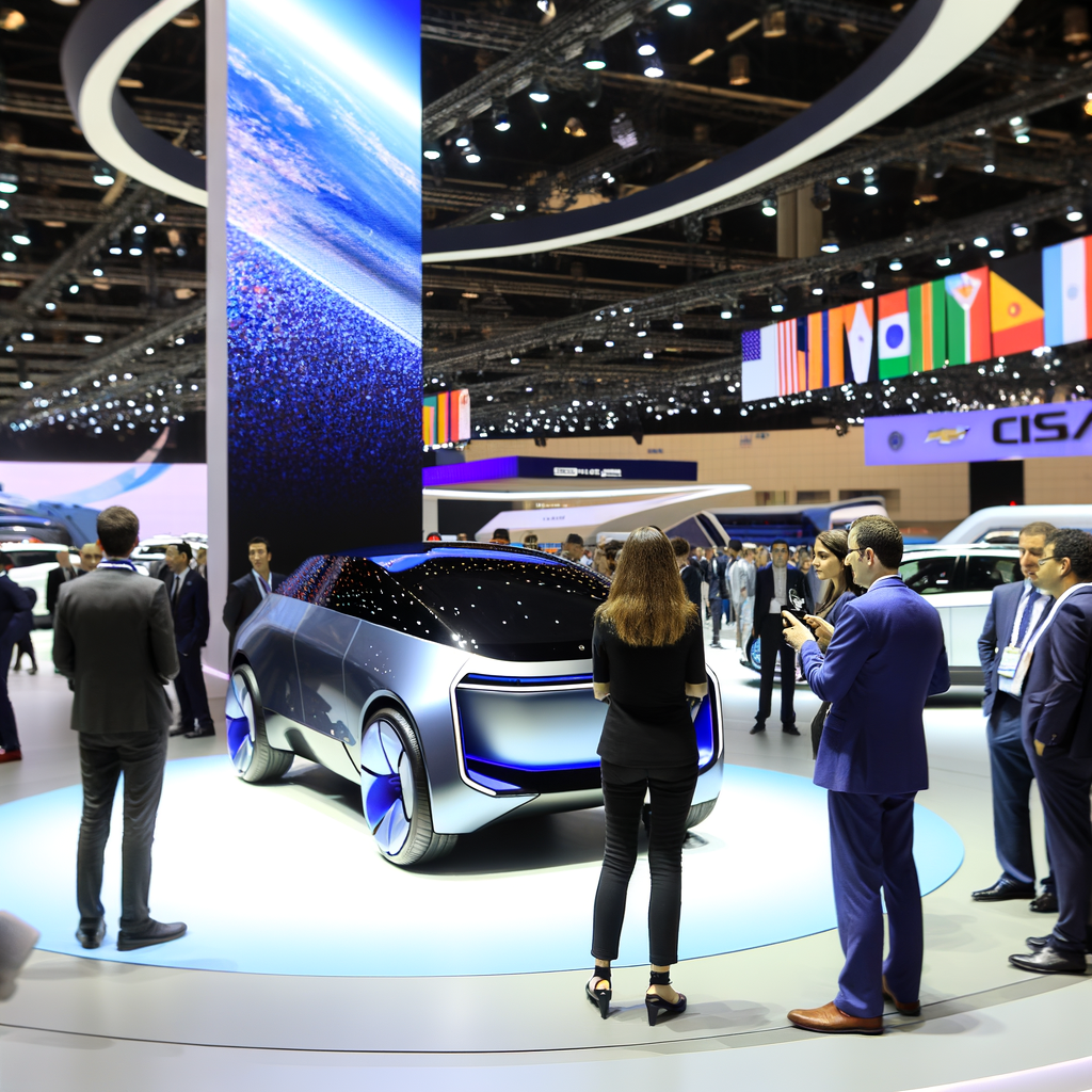 Futuristic cars showcase at global auto show.