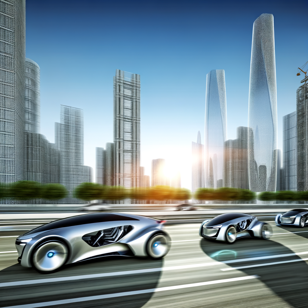 Futuristic cars showcasing innovation on cityscape.