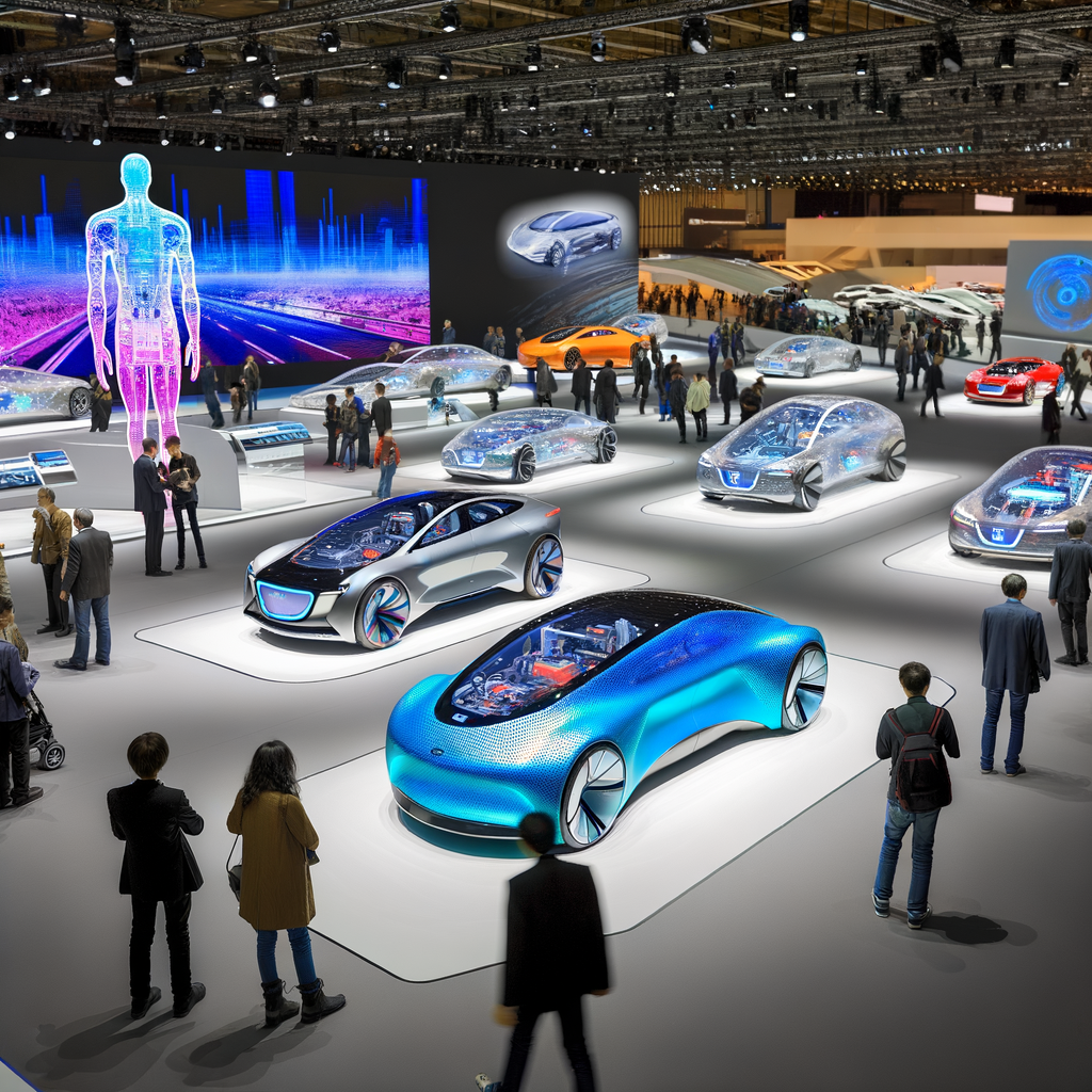 Futuristic cars showcasing technology at auto show.