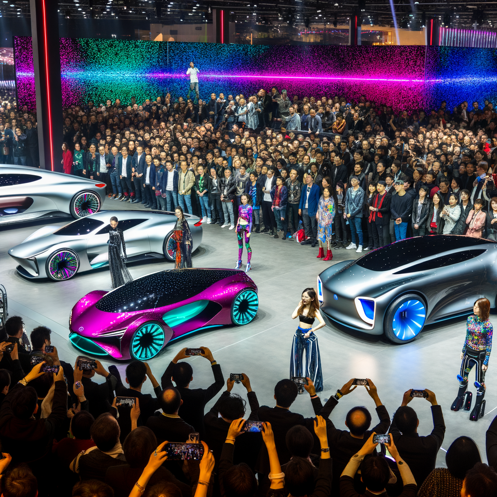 Futuristic cars unveiling at auto show.