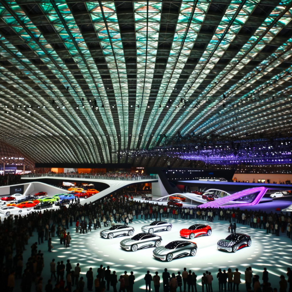 Futuristic cars unveiling at global auto show.