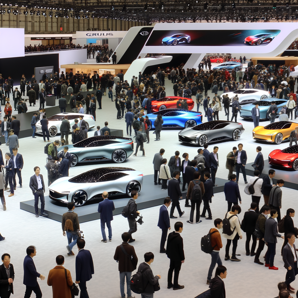 Futuristic cars unveiling at global auto show.