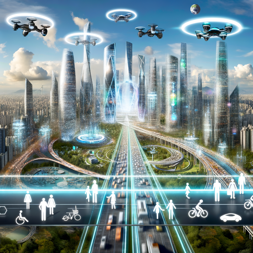 Futuristic cityscape, diverse mobility solutions intertwined.