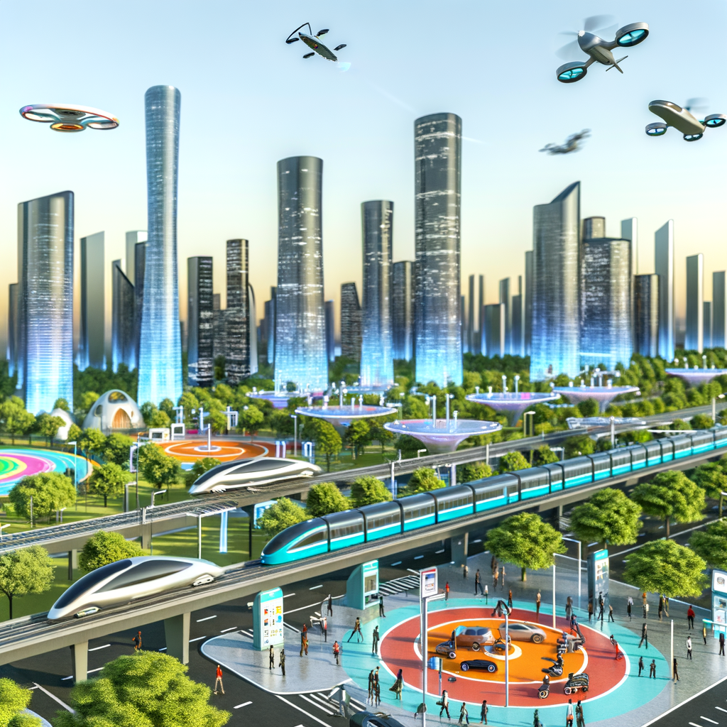 Futuristic cityscape with diverse mobility solutions.