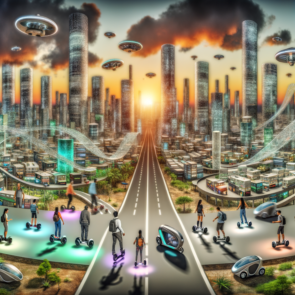 Futuristic cityscape with diverse mobility solutions.