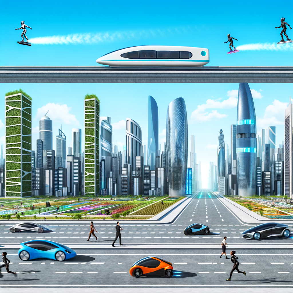 Futuristic cityscape with diverse mobility solutions.