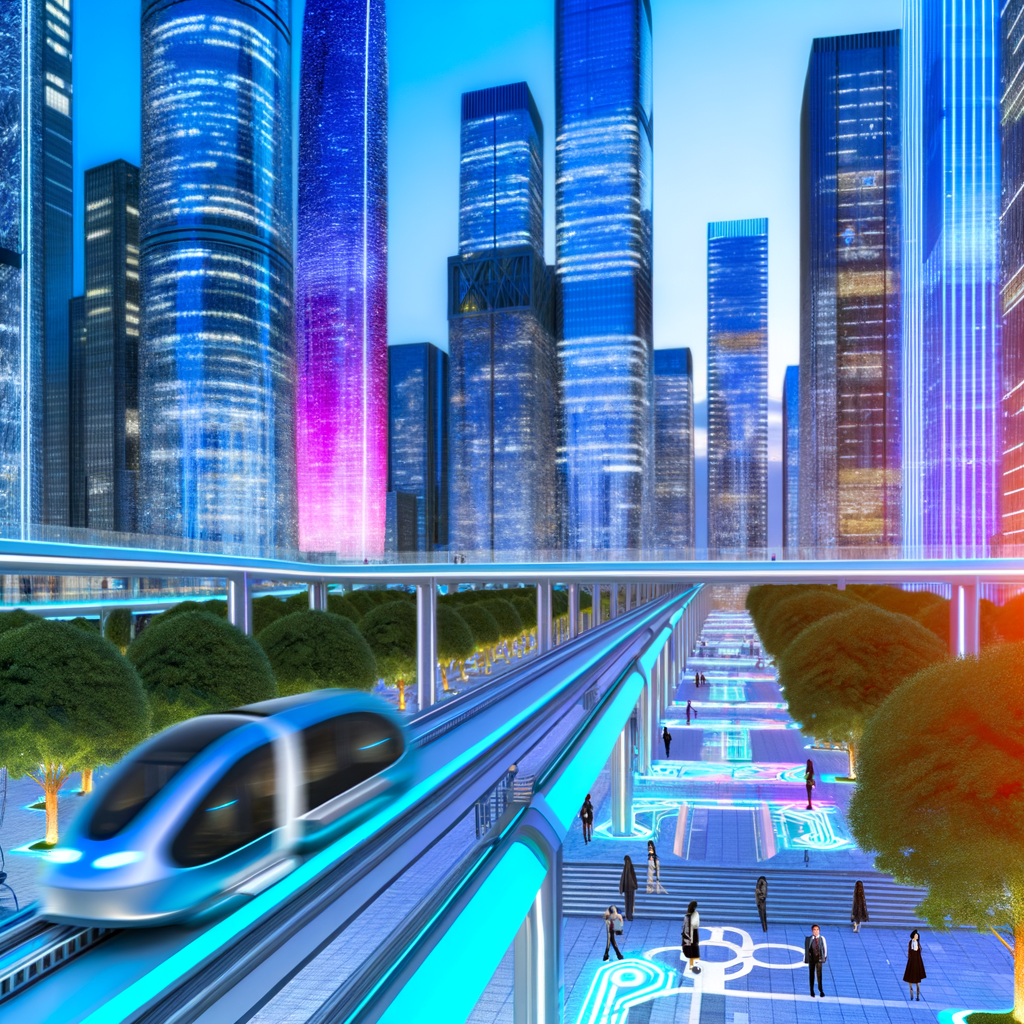 Futuristic cityscape with diverse mobility options.