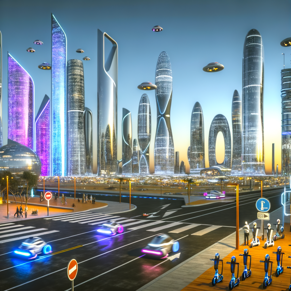 Futuristic cityscape with diverse mobility options.