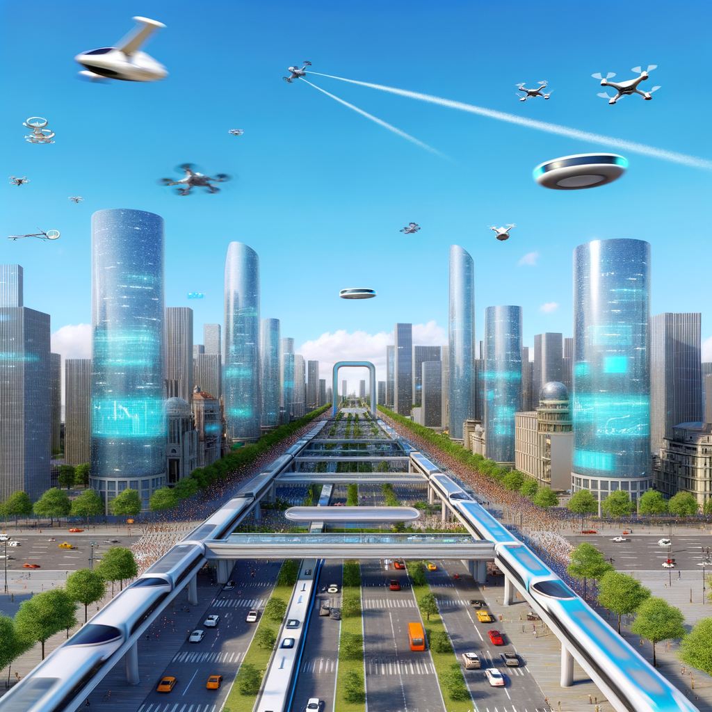 Futuristic cityscape with diverse mobility options.