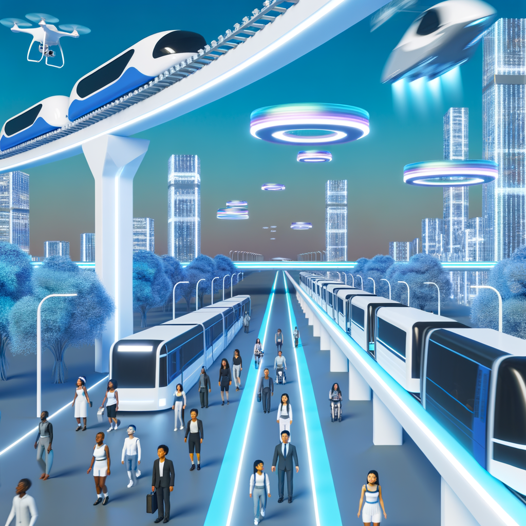 Futuristic cityscape with diverse mobility options.