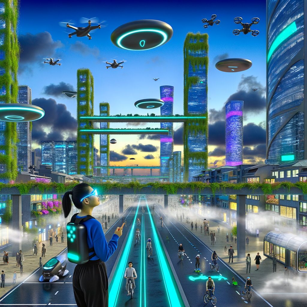 Futuristic cityscape with diverse mobility options.