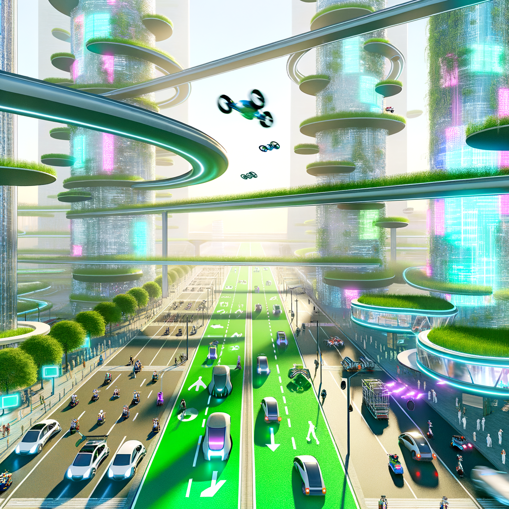 Futuristic cityscape with diverse mobility solutions.