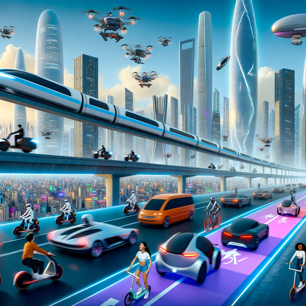 Futuristic cityscape with diverse mobility options.