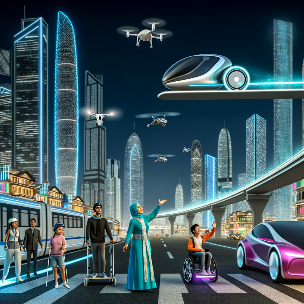 Futuristic cityscape with diverse mobility solutions.