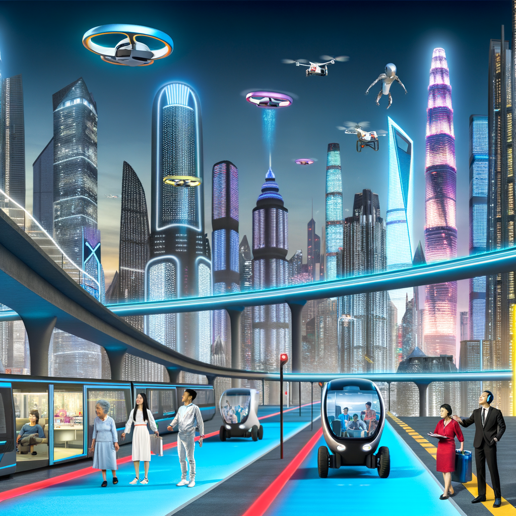 Futuristic cityscape with diverse mobility solutions.