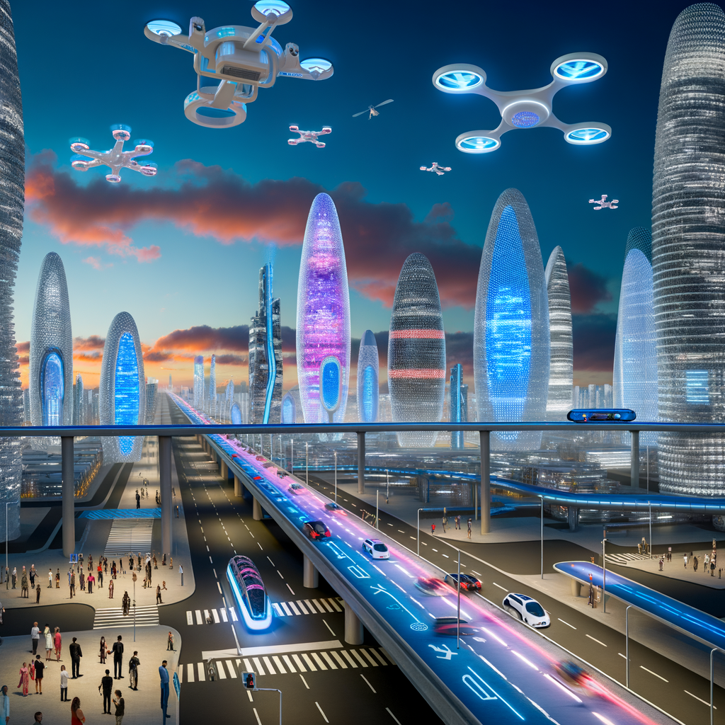 Futuristic cityscape with diverse mobility options.