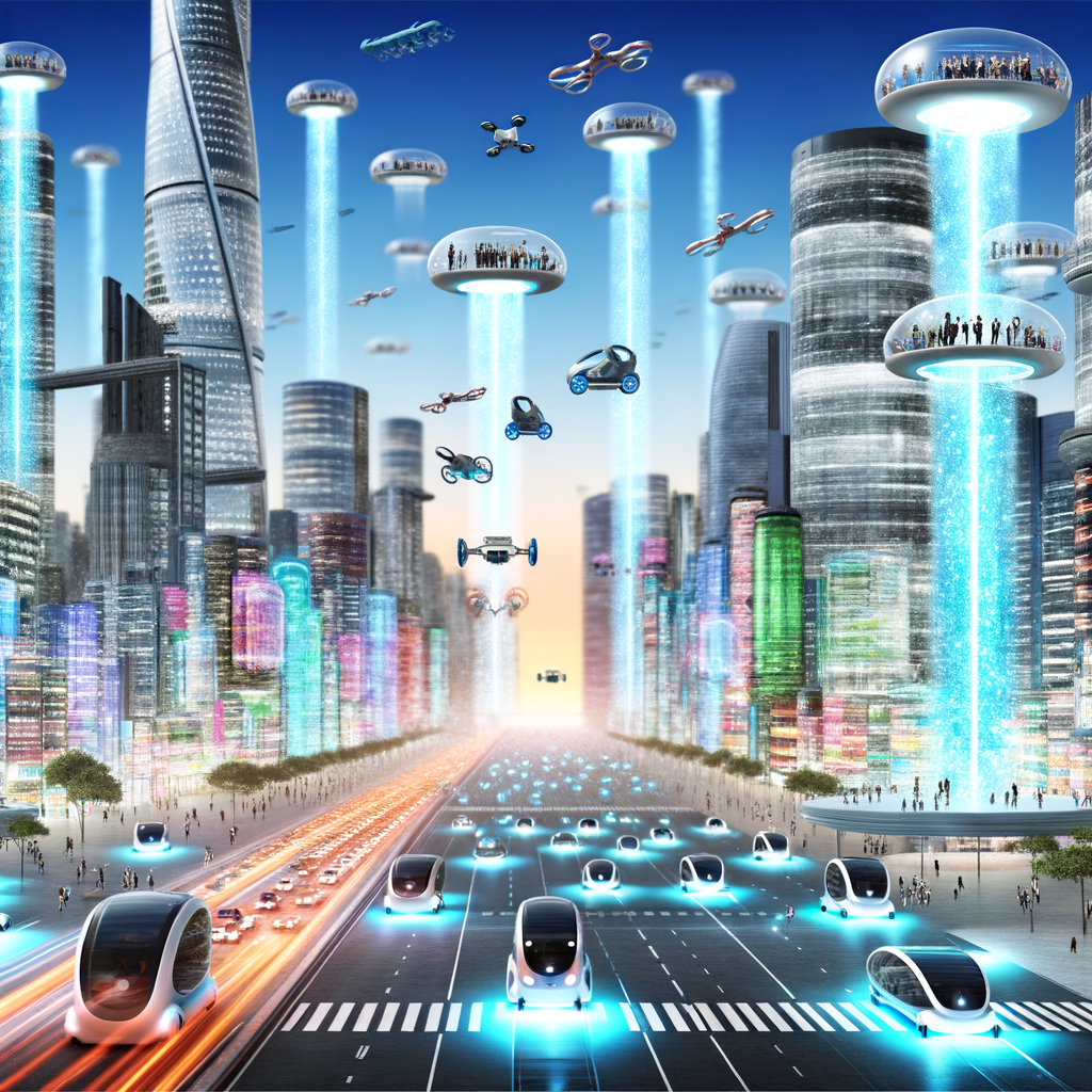 Futuristic cityscape with diverse mobility solutions.