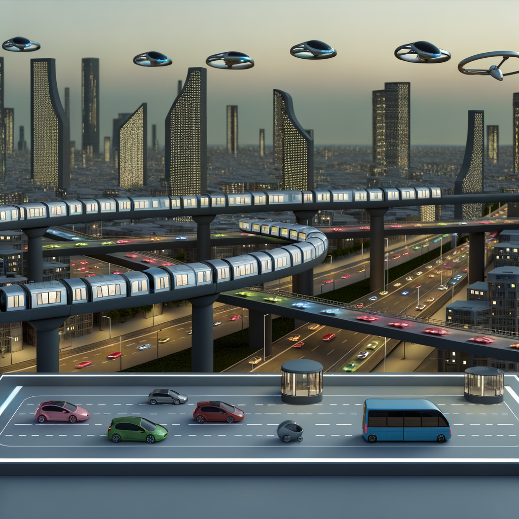 Futuristic cityscape with diverse mobility solutions.