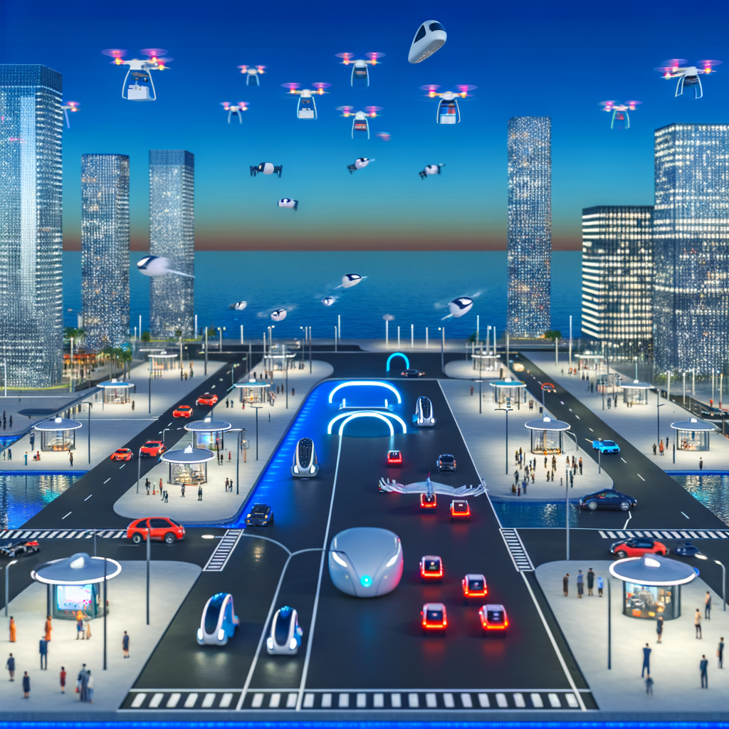 Futuristic cityscape with diverse mobility solutions.