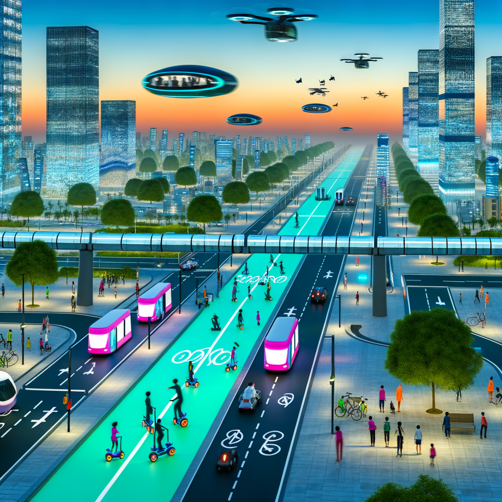 Futuristic cityscape with diverse mobility solutions.